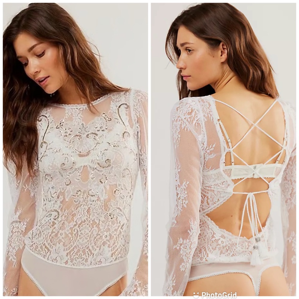 FREE PEOPLE Sheer White Lace Sequin Beaded Bodysuit XS Embroidered Boho Festival
